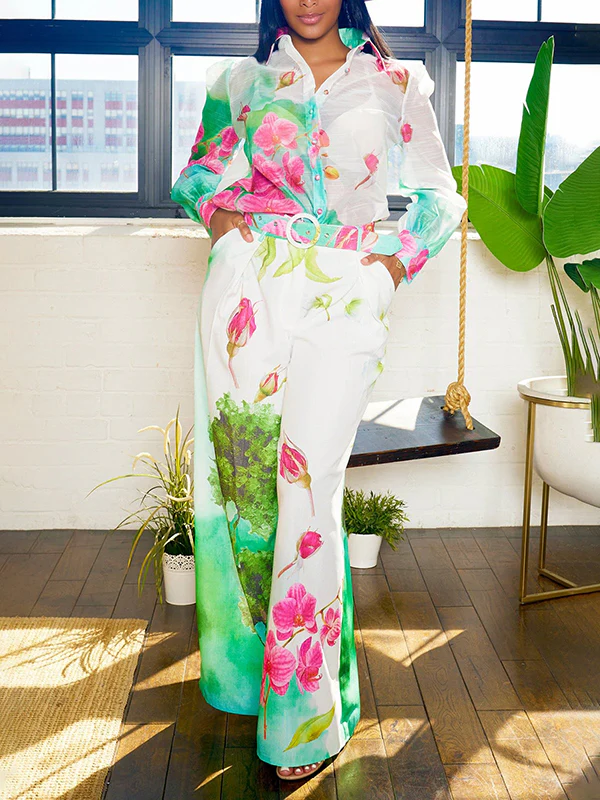 Long Sleeves Loose Floral Printed Gauze See-Through Split-Joint Lapel Blouses&Shirts Tops - Image 4