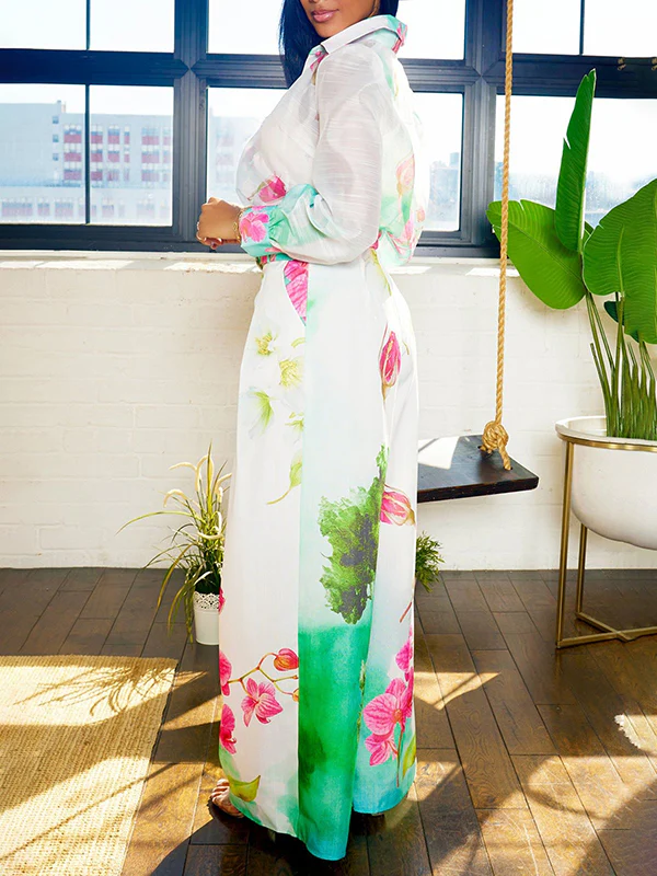 Long Sleeves Loose Floral Printed Gauze See-Through Split-Joint Lapel Blouses&Shirts Tops - Image 5