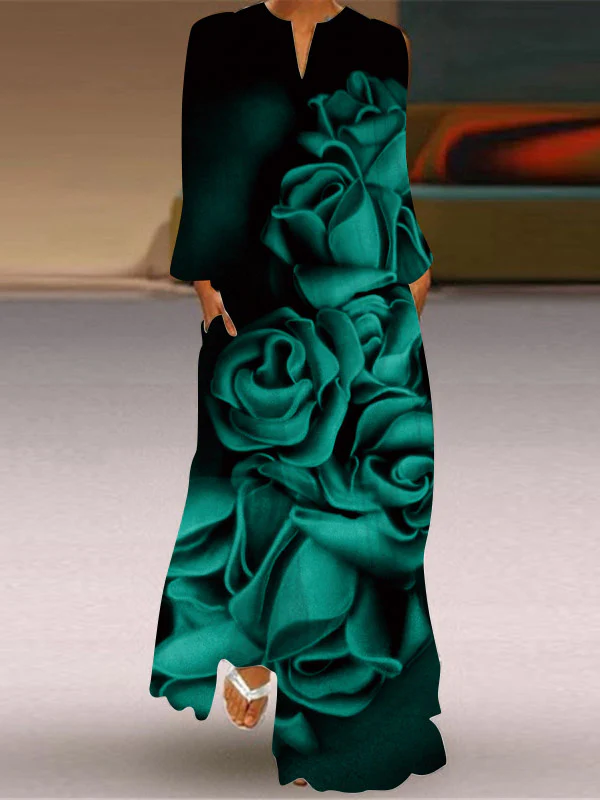 Long Sleeves Loose Floral Printed Gradient V-Neck Maxi Dresses - Image 2