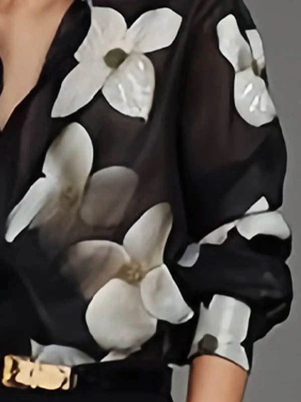 Long Sleeves Loose Floral Printed Lapel Blouses - Image 3
