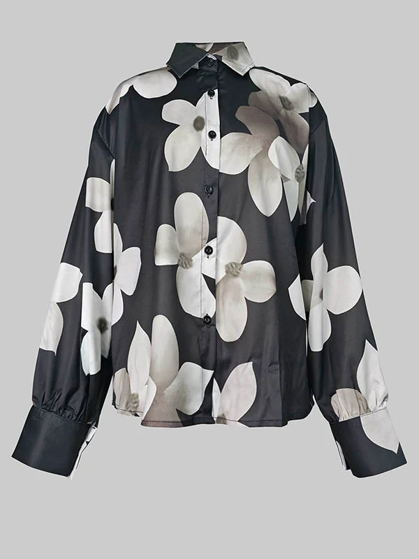 Long Sleeves Loose Floral Printed Lapel Blouses - Image 4