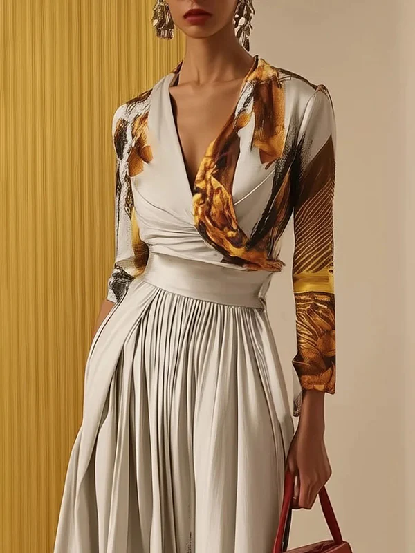 Long Sleeves Loose Floral Printed Pleated Split-Joint V-Neck Jumpsuits - Image 2