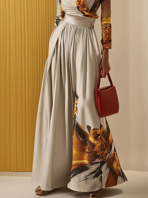Long Sleeves Loose Floral Printed Pleated Split-Joint V-Neck Jumpsuits - Image 3