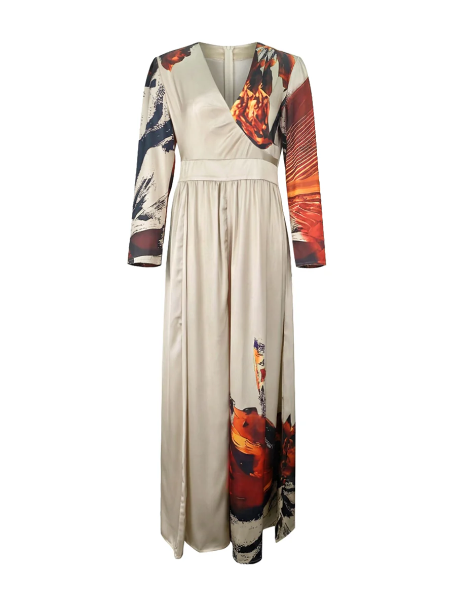 Long Sleeves Loose Floral Printed Pleated Split-Joint V-Neck Jumpsuits - Image 4