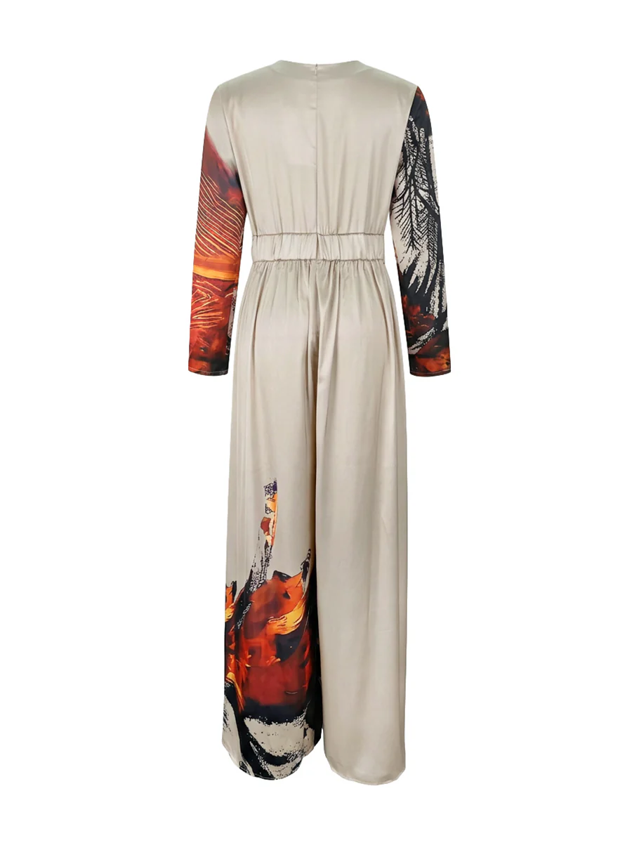 Long Sleeves Loose Floral Printed Pleated Split-Joint V-Neck Jumpsuits - Image 5
