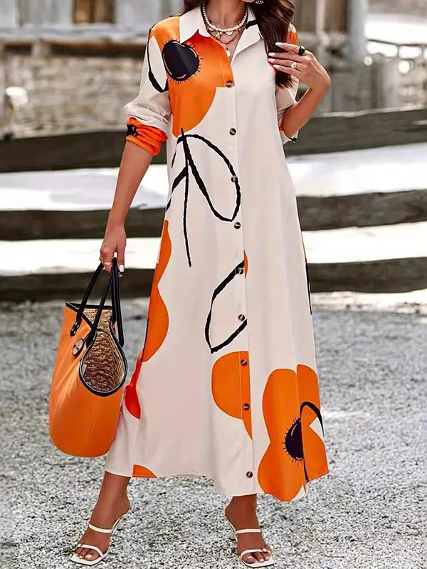 Long Sleeves Loose Floral Printed Split-Joint Lapel Maxi Dresses Shirt Dress - Image 2