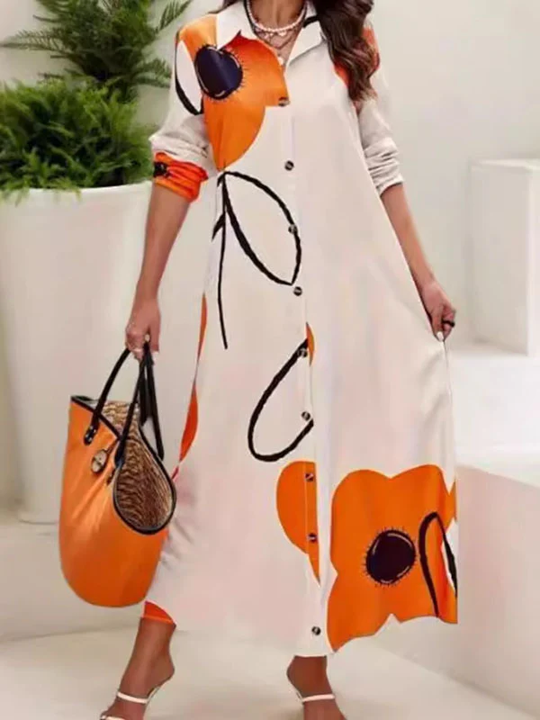 Long Sleeves Loose Floral Printed Split-Joint Lapel Maxi Dresses Shirt Dress - Image 3