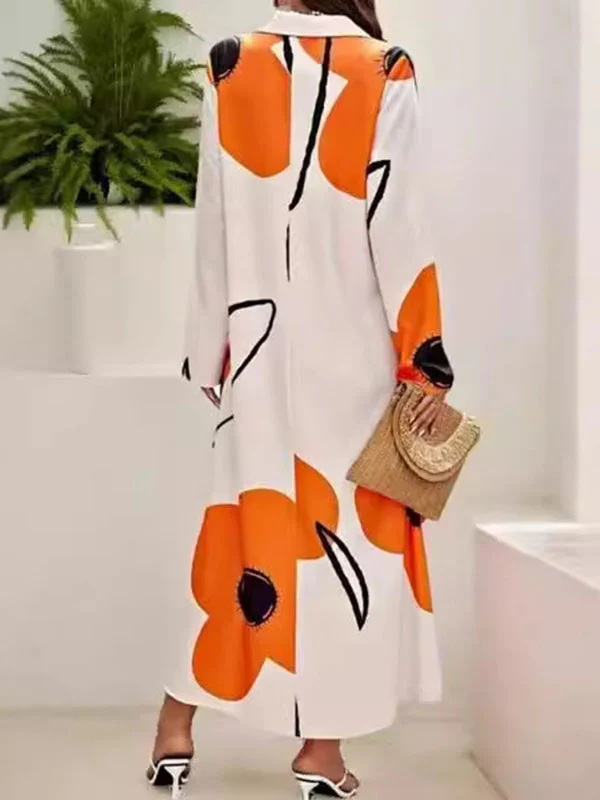 Long Sleeves Loose Floral Printed Split-Joint Lapel Maxi Dresses Shirt Dress - Image 4