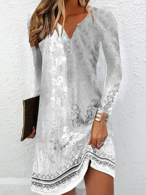 Long Sleeves Loose Floral Printed V-neck Maxi Dresses Mini Dresses - Image 2