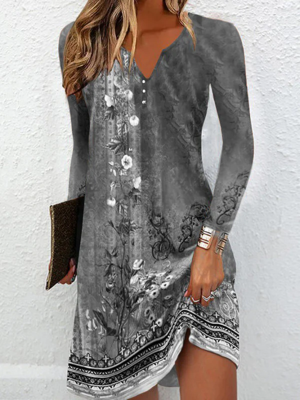 Long Sleeves Loose Floral Printed V-neck Maxi Dresses Mini Dresses - Image 3