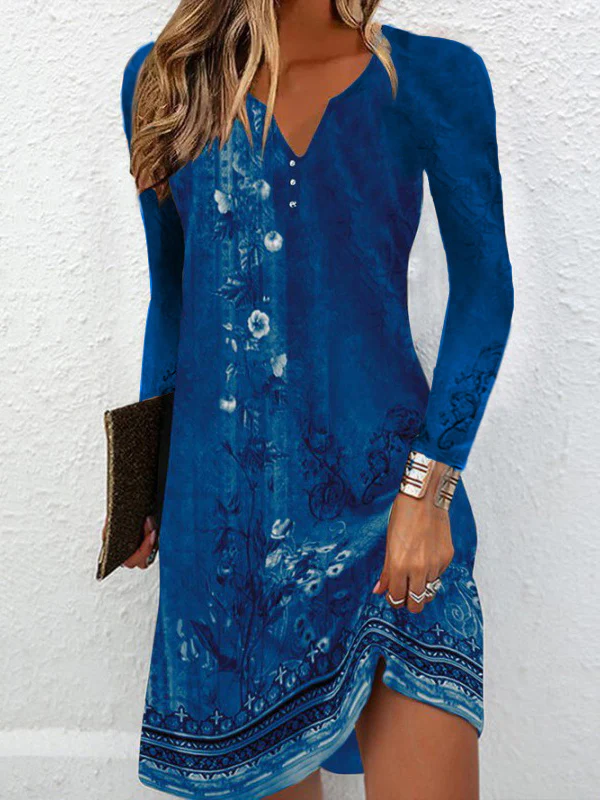 Long Sleeves Loose Floral Printed V-neck Maxi Dresses Mini Dresses - Image 4