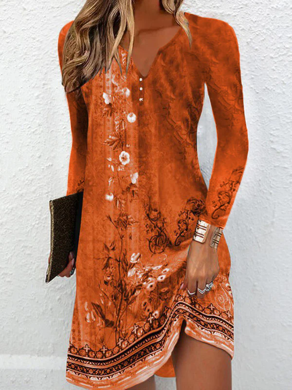 Long Sleeves Loose Floral Printed V-neck Maxi Dresses Mini Dresses - Image 5