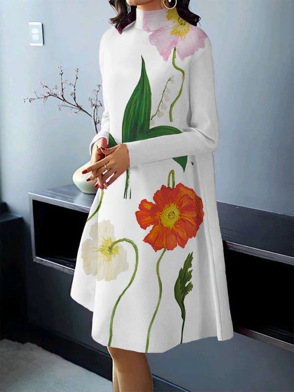 Long Sleeves Loose Flower Print High Neck Midi Dresses - Image 4
