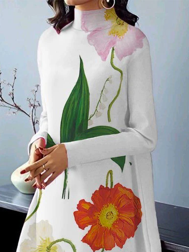 Long Sleeves Loose Flower Print High Neck Midi Dresses - Image 5