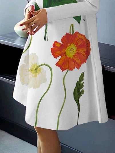 Long Sleeves Loose Flower Print High Neck Midi Dresses - Image 6