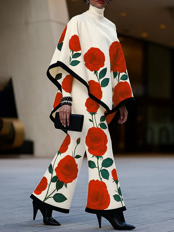 Long Sleeves Loose Flower Print High Neck 1 Piece Cape - Image 2