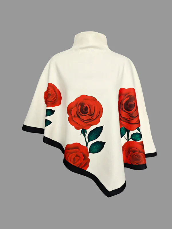 Long Sleeves Loose Flower Print High Neck 1 Piece Cape - Image 3
