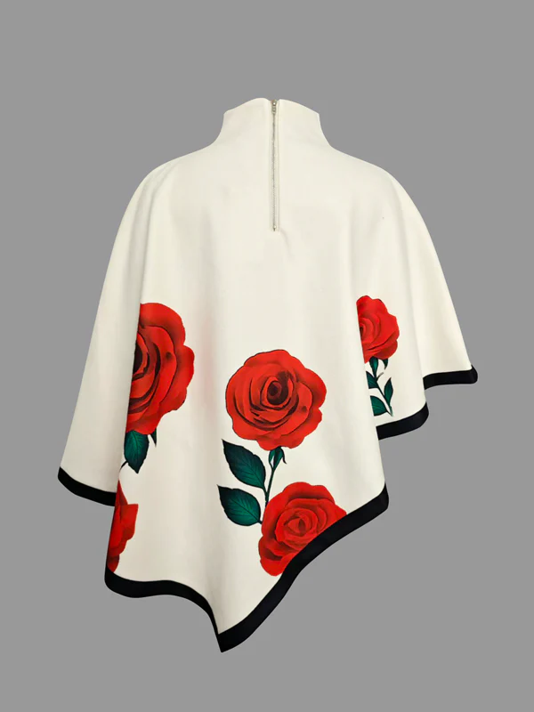 Long Sleeves Loose Flower Print High Neck 1 Piece Cape - Image 4