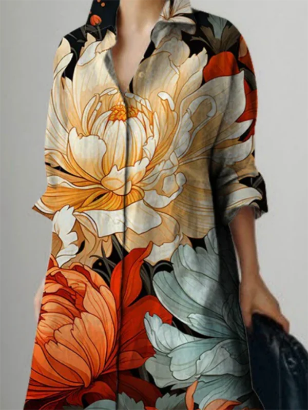 Long Sleeves Loose Flower Print Lapel Maxi Dresses Shirt Dress - Image 2