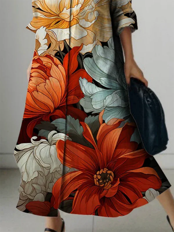 Long Sleeves Loose Flower Print Lapel Maxi Dresses Shirt Dress - Image 3