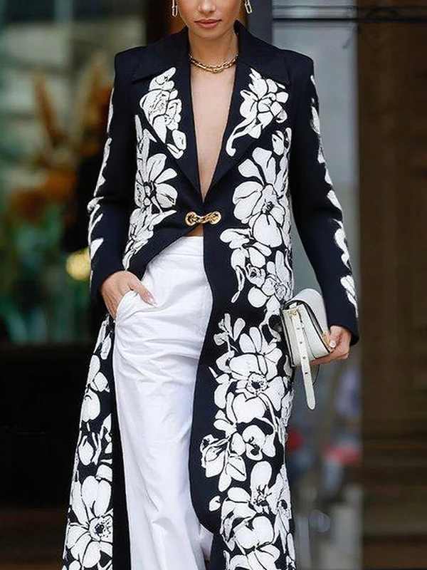Long Sleeves Loose Flower Print Notched Collar Blazer Outerwear - Image 2