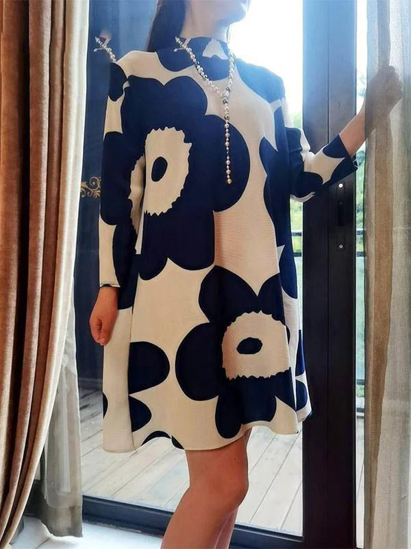 Long Sleeves Loose Flower Print Pleated Mock Neck Mini Dresses - Image 2