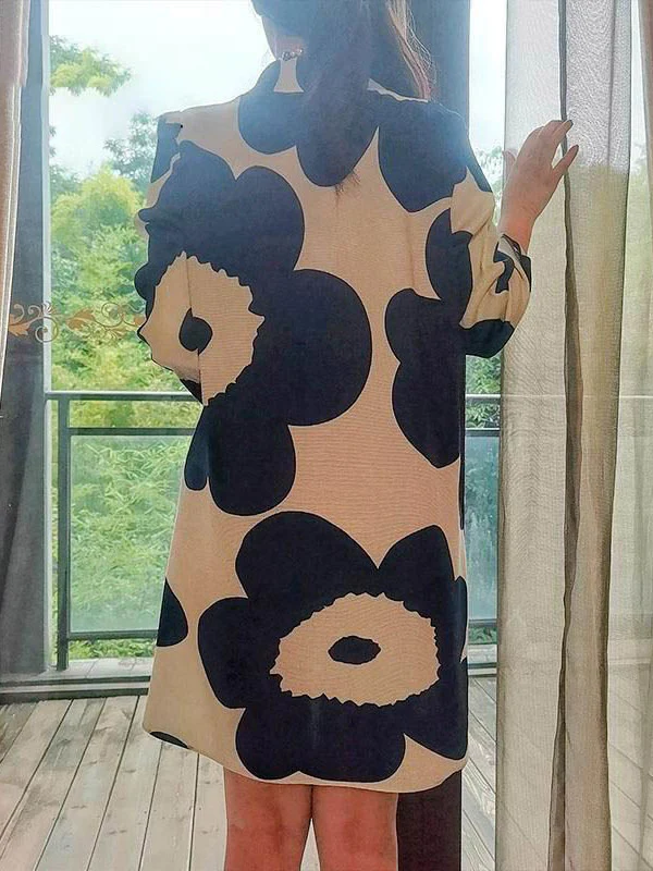 Long Sleeves Loose Flower Print Pleated Mock Neck Mini Dresses - Image 3