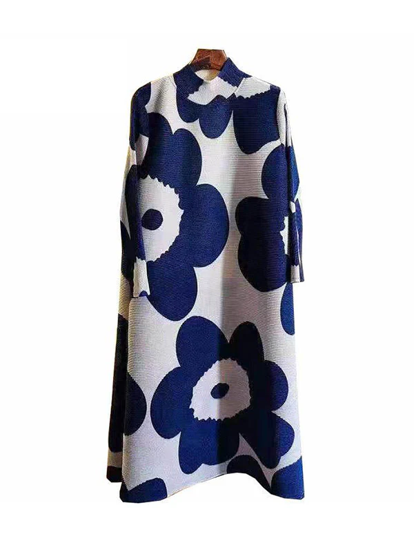 Long Sleeves Loose Flower Print Pleated Mock Neck Mini Dresses - Image 4