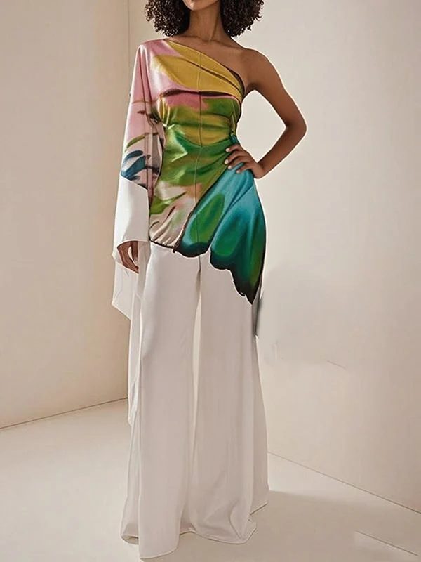 Long Sleeves Loose Flower Print Pleated Pockets One-Shoulder Jumpsuits - Image 2