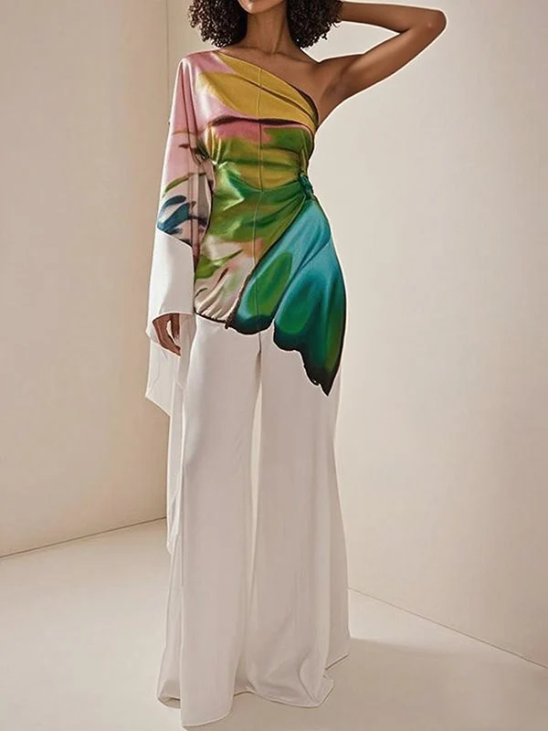 Long Sleeves Loose Flower Print Pleated Pockets One-Shoulder Jumpsuits - Image 3