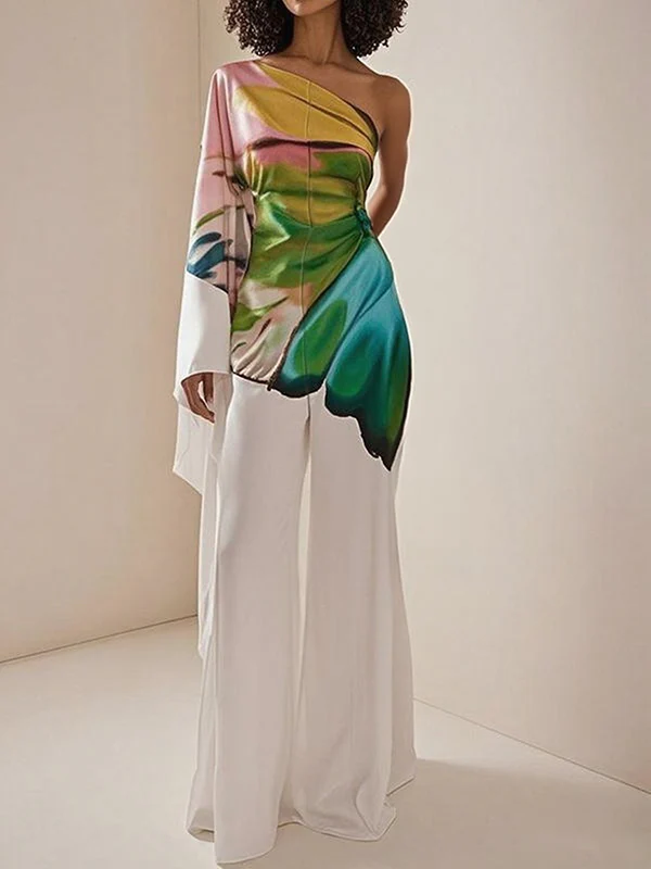 Long Sleeves Loose Flower Print Pleated Pockets One-Shoulder Jumpsuits - Image 4