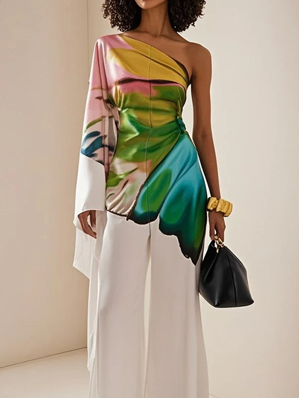 Long Sleeves Loose Flower Print Pleated Pockets One-Shoulder Jumpsuits - Image 5