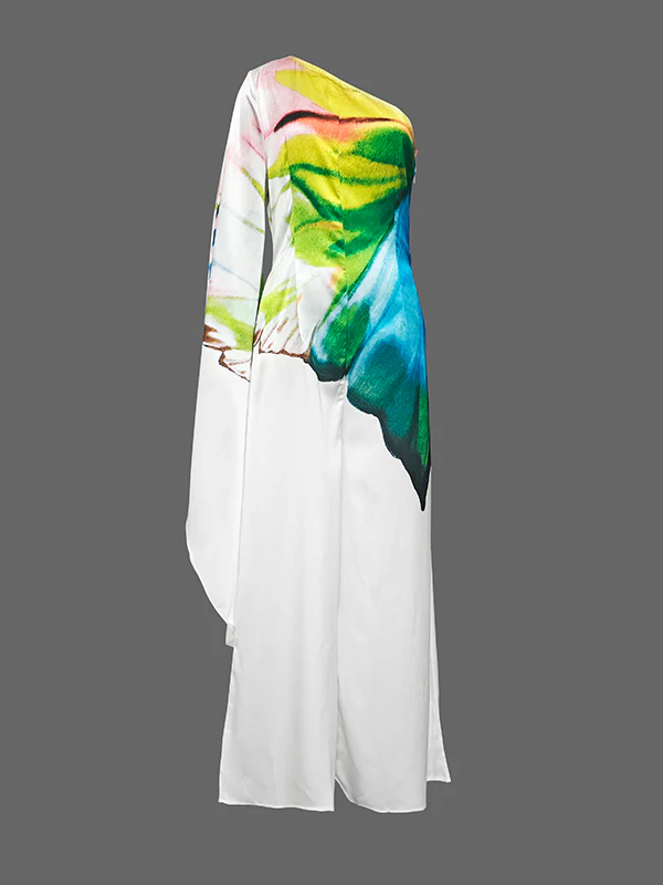 Long Sleeves Loose Flower Print Pleated Pockets One-Shoulder Jumpsuits - Image 6