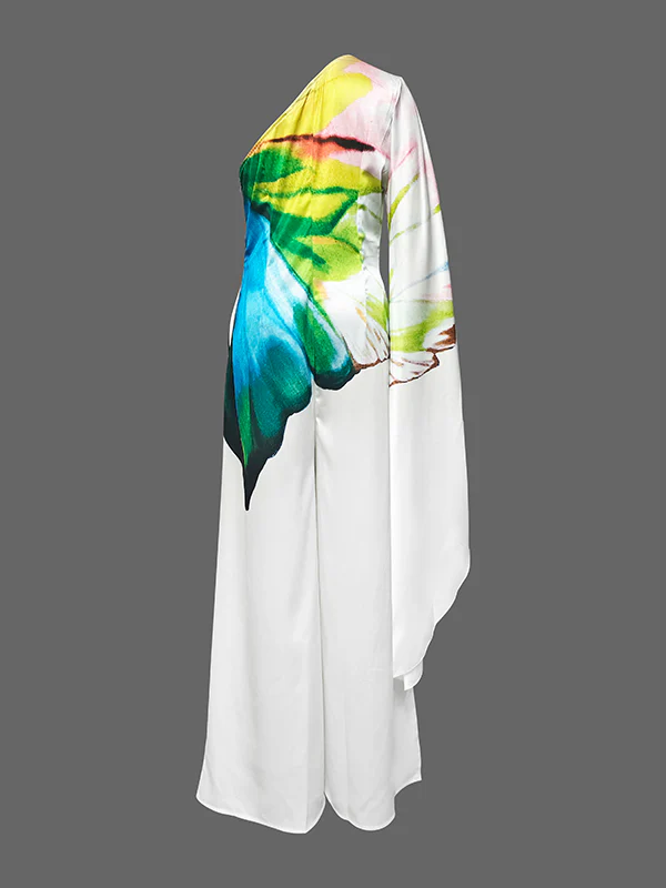 Long Sleeves Loose Flower Print Pleated Pockets One-Shoulder Jumpsuits - Image 7