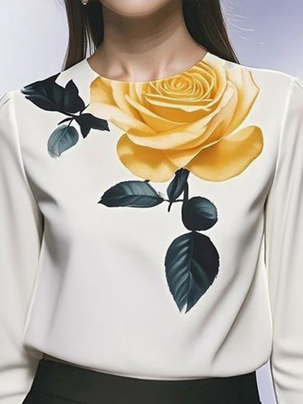 Long Sleeves Loose Flower Print Pleated Round-Neck Blouses&Shirts Tops - Image 2