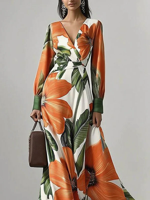 Long Sleeves Loose Flower Print Pleated V-Neck Maxi Dresses - Image 2