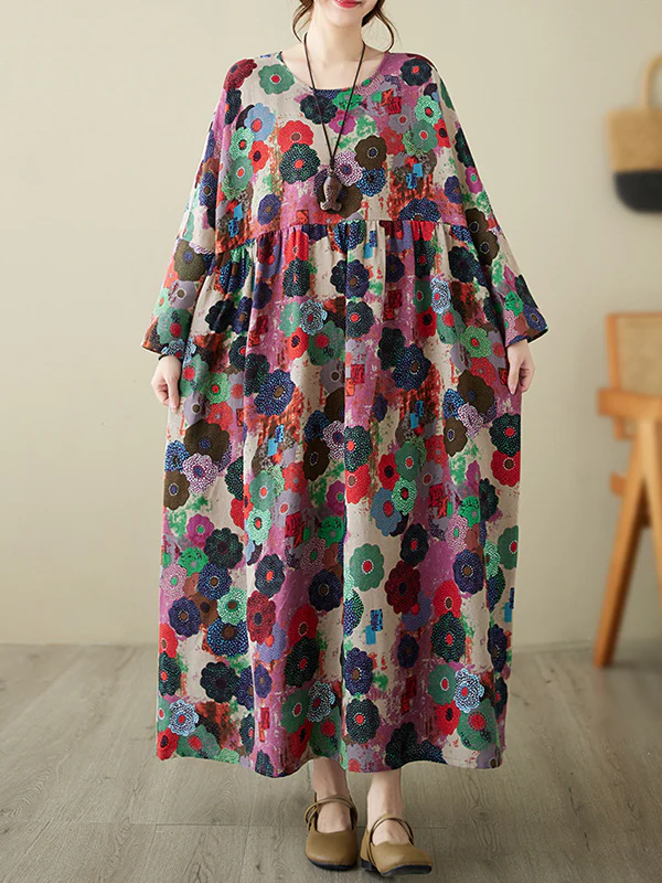 Long Sleeves Loose Flower Print Pockets Split-Joint Round-Neck Midi Dresses - Image 2