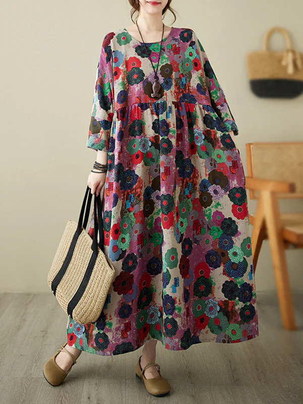 Long Sleeves Loose Flower Print Pockets Split-Joint Round-Neck Midi Dresses - Image 3