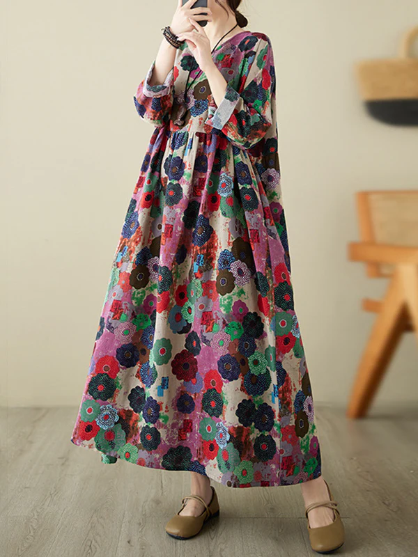 Long Sleeves Loose Flower Print Pockets Split-Joint Round-Neck Midi Dresses - Image 4