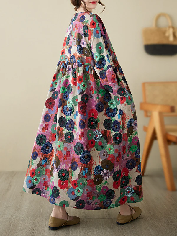 Long Sleeves Loose Flower Print Pockets Split-Joint Round-Neck Midi Dresses - Image 5