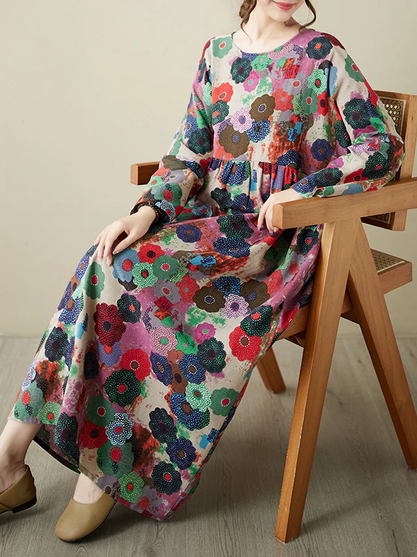 Long Sleeves Loose Flower Print Pockets Split-Joint Round-Neck Midi Dresses - Image 6