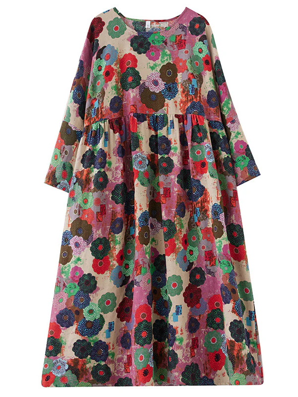 Long Sleeves Loose Flower Print Pockets Split-Joint Round-Neck Midi Dresses - Image 7
