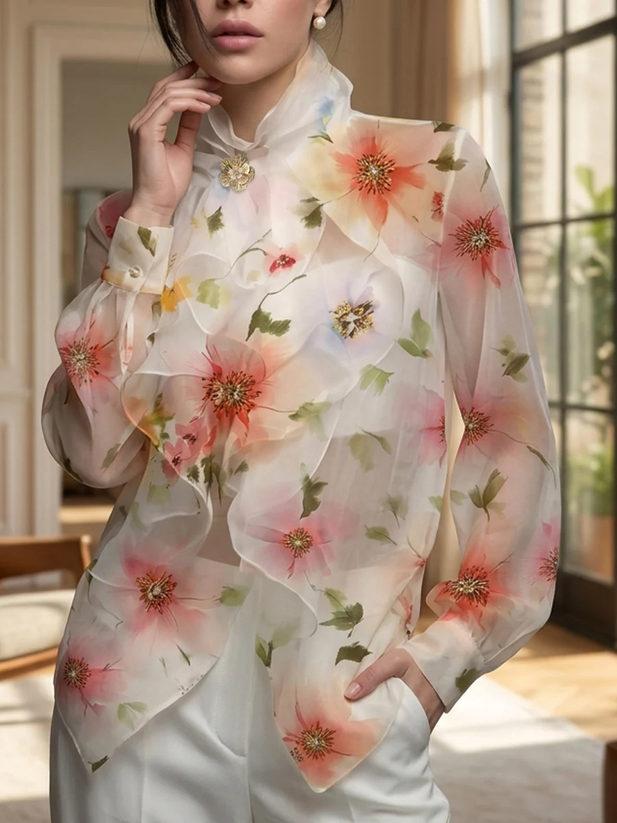 Long Sleeves Loose Flower Print Ruffled Tied Stand Collar Blouses&Shirts Tops - Image 2