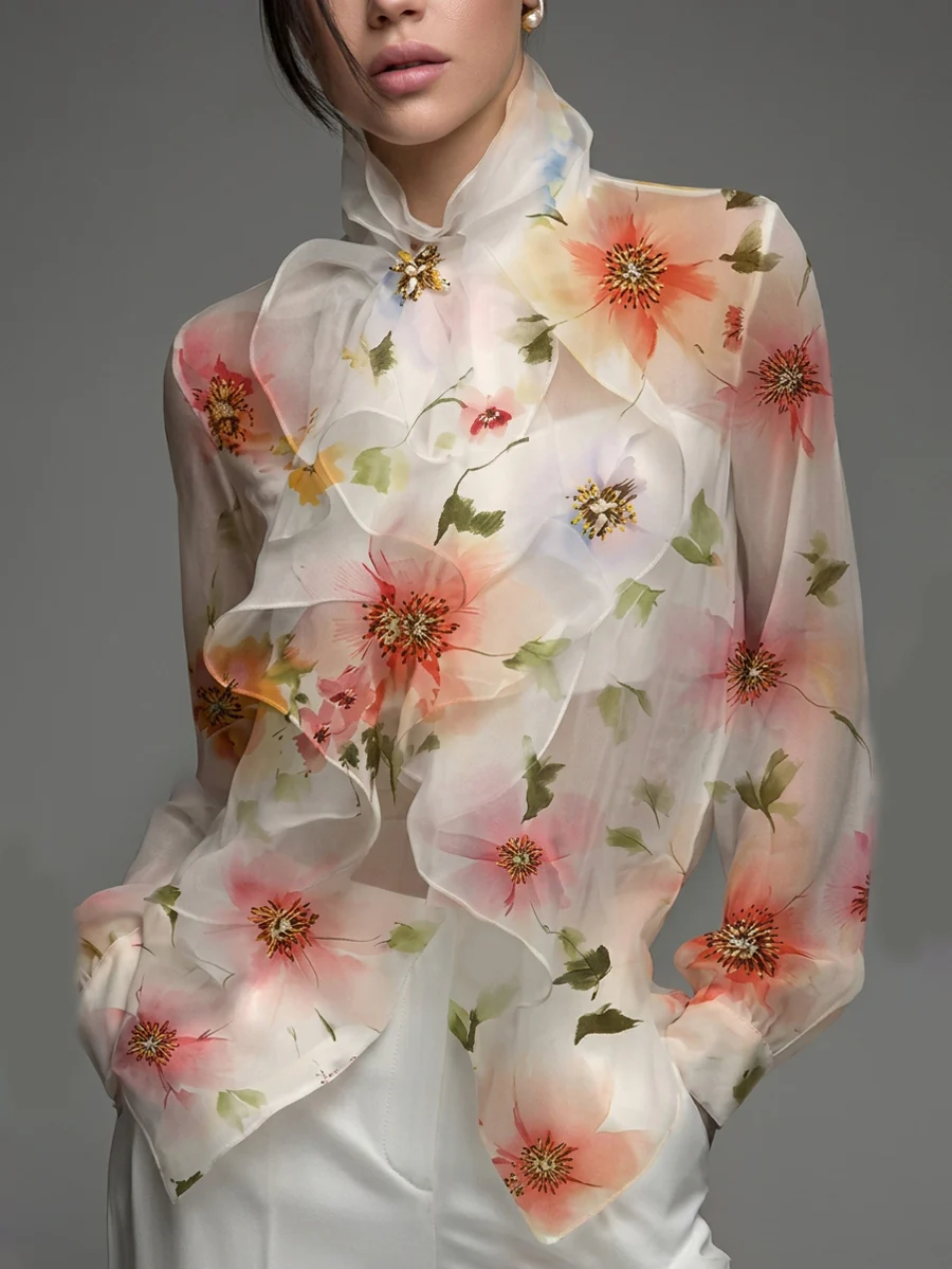 Long Sleeves Loose Flower Print Ruffled Tied Stand Collar Blouses&Shirts Tops - Image 3