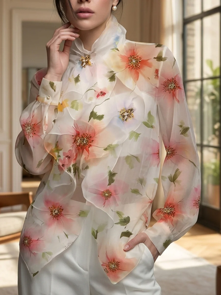 Long Sleeves Loose Flower Print Ruffled Tied Stand Collar Blouses&Shirts Tops - Image 4