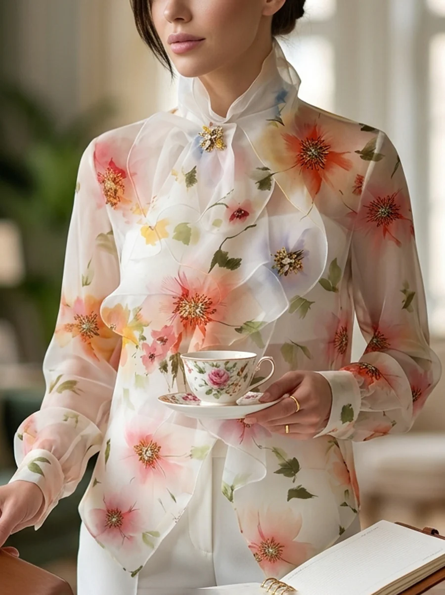 Long Sleeves Loose Flower Print Ruffled Tied Stand Collar Blouses&Shirts Tops - Image 5