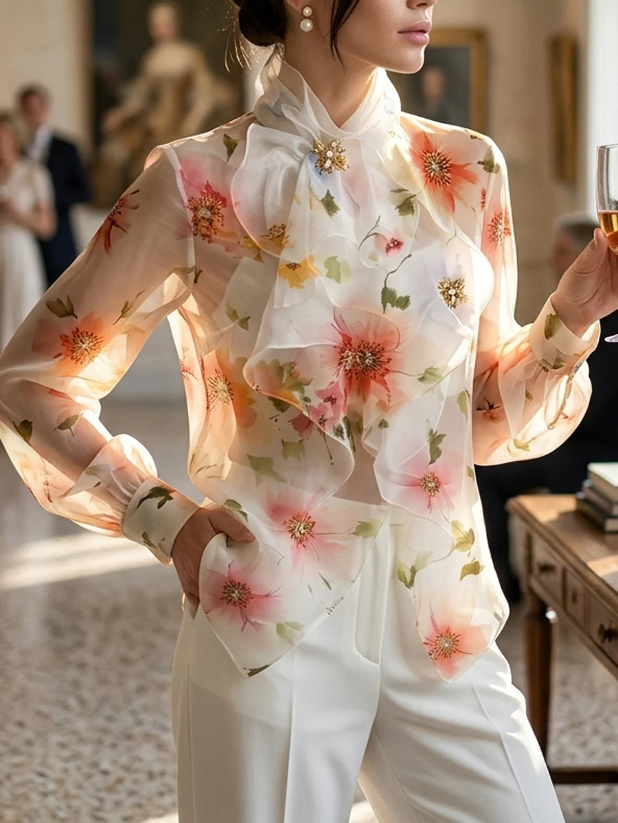 Long Sleeves Loose Flower Print Ruffled Tied Stand Collar Blouses&Shirts Tops - Image 6