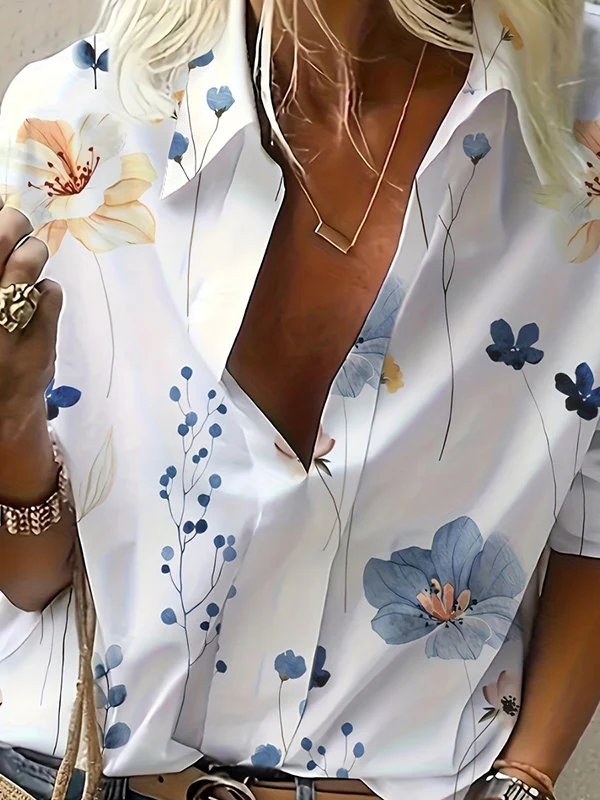 Long Sleeves Loose Flower Print Split-Joint Lapel Blouses&Shirts Tops - Image 2