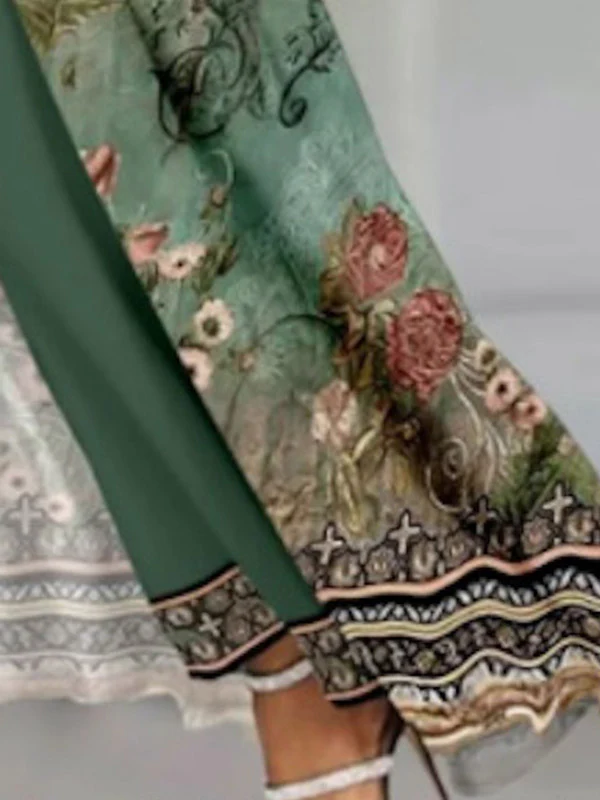 Long Sleeves Loose Flower Print Split-Side Round-Neck T-Shirt Tops&Pants Two Pieces Set - Image 3