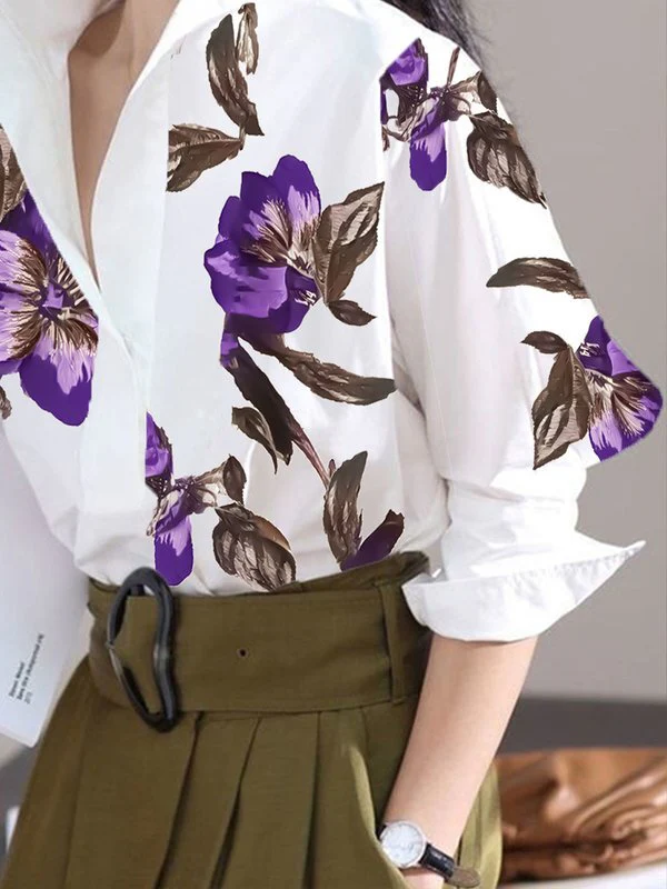Long Sleeves Loose Flower Print Stand Collar Blouses&Shirts Tops - Image 3